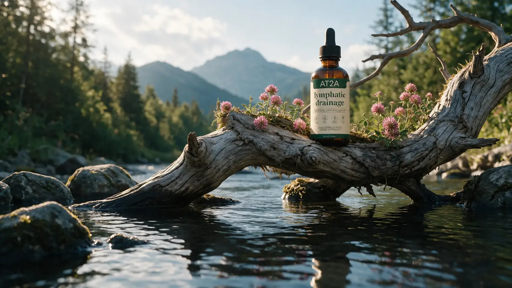 AT2A bottle on driftwood by a mountain river